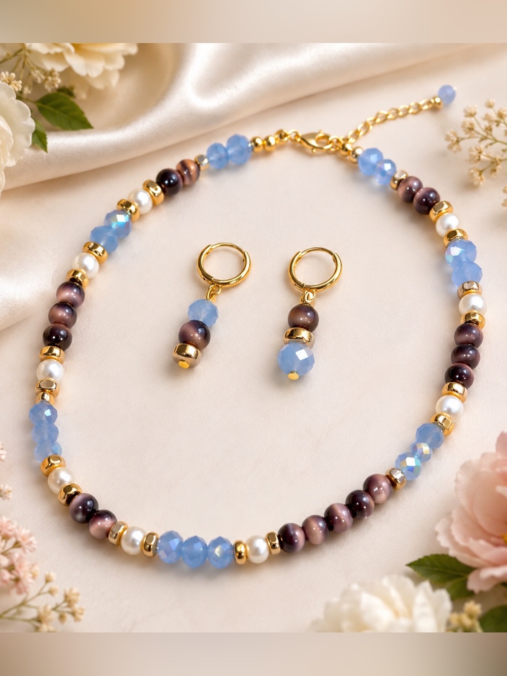 One Of a Kind Necklace and Earrings set- blue, cat eye, gold, pearl